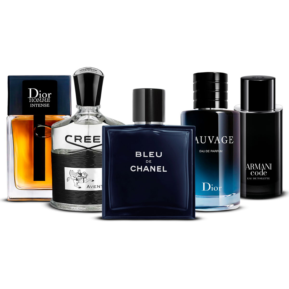 Conjunto de 5 Perfumes – Dior Homme Intense, Creed Aventus, Bleu de Chanel, Sauvage e Armani Code [100 ml cada um]